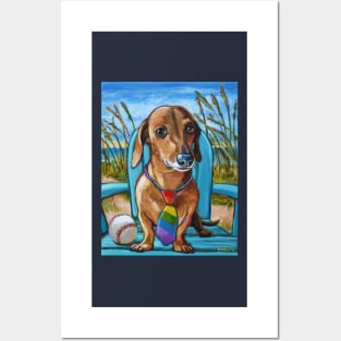 Cute Dachshund on the Beach with Rainbow Tie Posters and Art